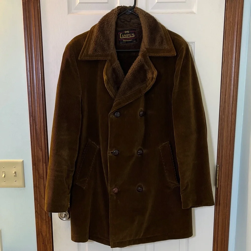 Vintage 70's Campus Outerwear Brown Corduroy Pea Coat Jacket Men's Sz 40 - USA